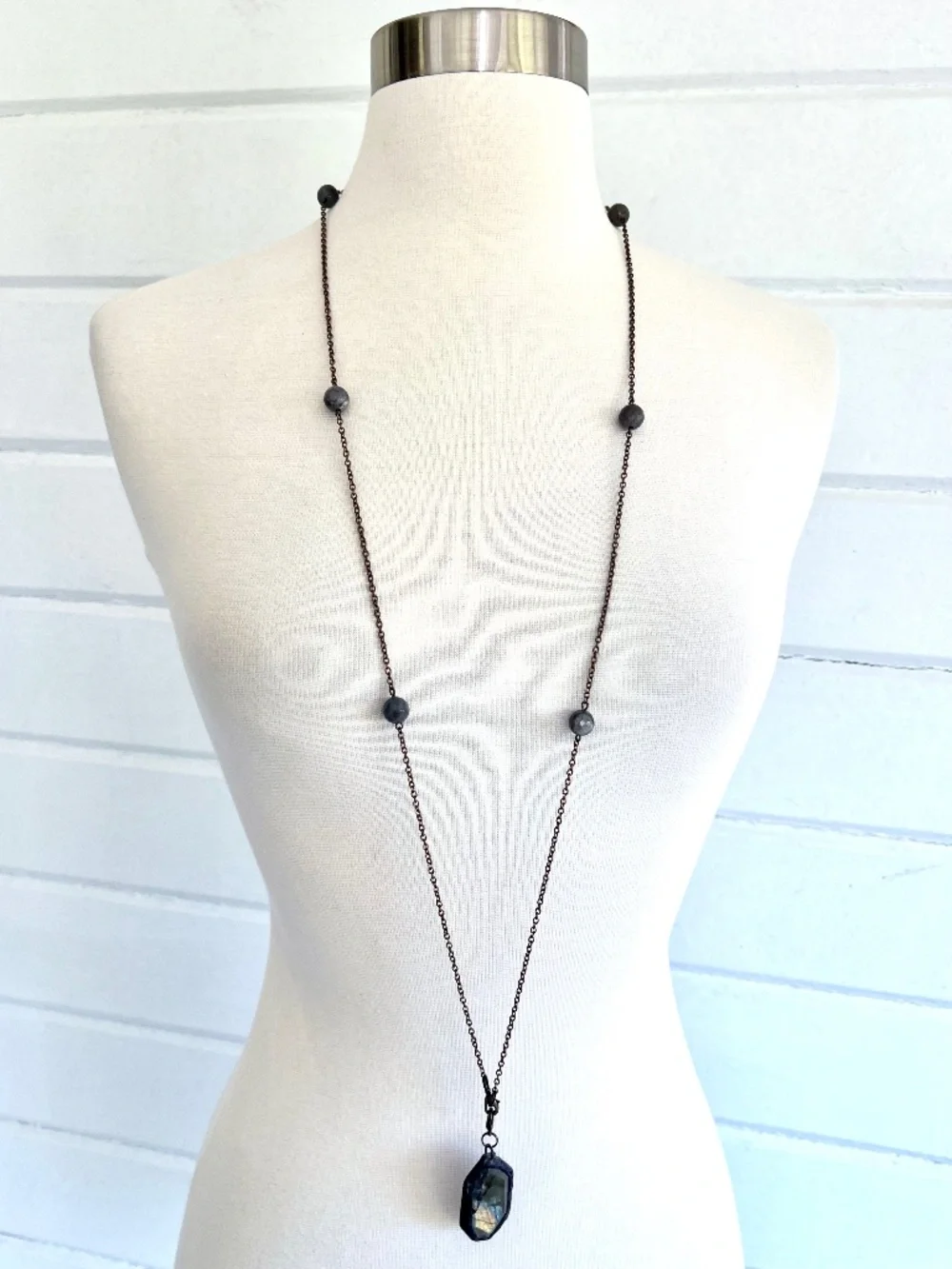 Long Chain Necklace with Labradorite Stones and Medallion